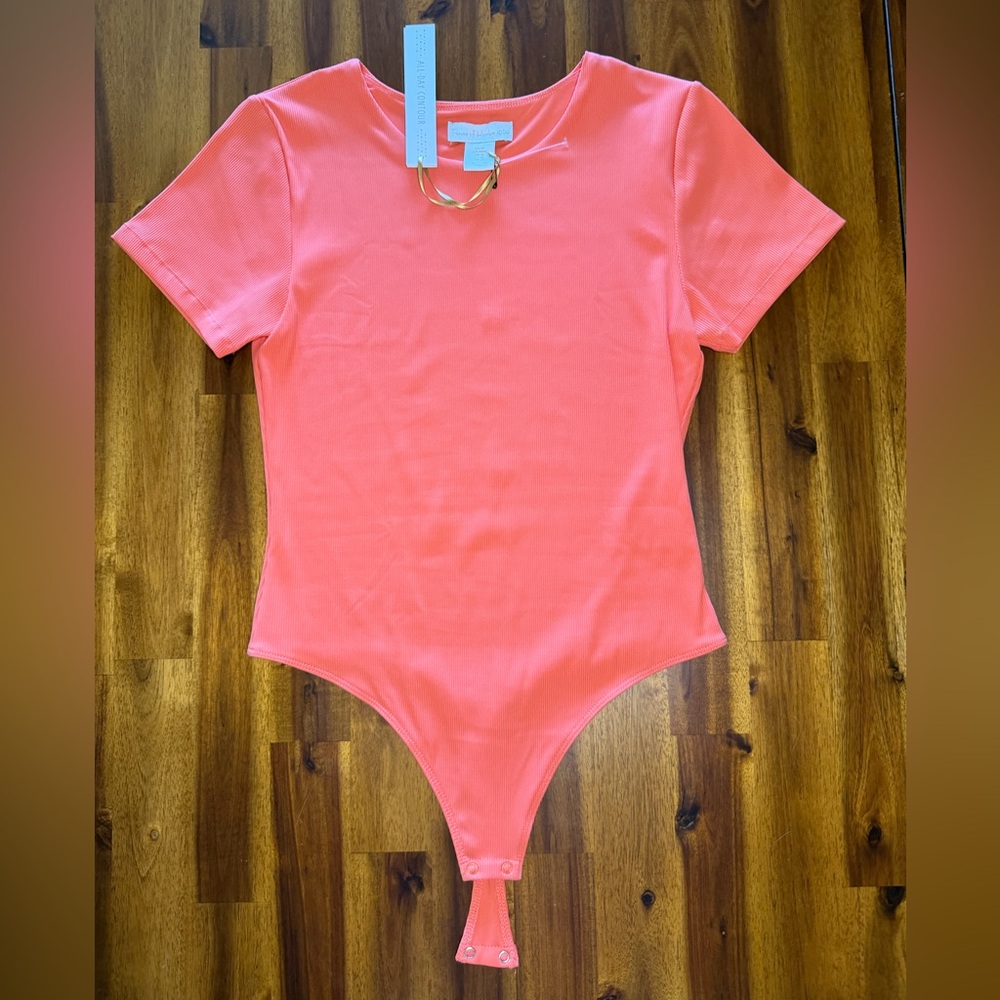 NWT House of Harlow 1960 Coral Peach Salmon Ribbed Thong Bodysuit Top